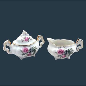 Vintage Lefton Miniature Porcelain Creamer Lidded Sugar Bowl Handpainted Floral